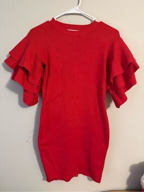 FAVLUX Red Ruffle Sleeve Knit Dress